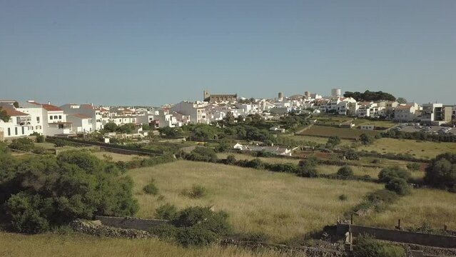 Drone shot of Santa Eulalia d'Alaior church in Alaior, Alaior, Menorca, Balearic Islands