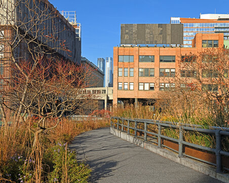 High Line, Elevated Linear Park, Greenway And Rail Trail Created On Former New York Central Railroad Spur On West Side Of Manhattan In New York City. Autumn