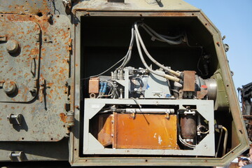 Close-up of details of old destroyed military equipment. Destroyed Russian equipment turned into scrap metal. During the battle, Russian military equipment was destroyed by Ukrainian army.