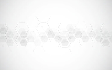 Hexagons pattern on gray background. Genetic research, molecular structure. Chemical engineering. Concept of innovation technology. Used for design healthcare, science and medicine background