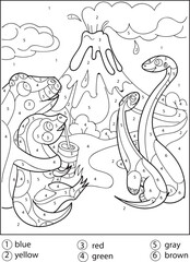 Fototapeta na wymiar Dinosaur color by number coloring pages for adults 