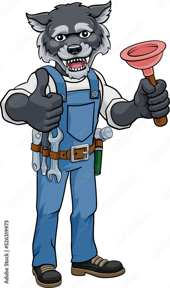 Canvas Prints Wolf Plumber Cartoon Mascot Holding Plunger