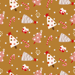 Christmas trees pink mustard seamless pattern. Xmas wrap paper background with snow and gifts.