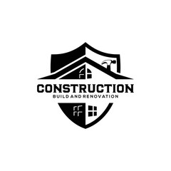 Construction logo emblem template isolated, roof, bricks, exposed wall, shield, hammer, architectural logo silhouette, property, window