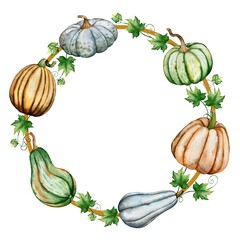 Watercolor illustration. Wreath with pumpkins. Autumn decoration.