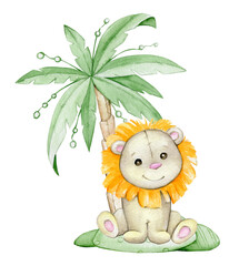Cute lion cub, palm tree, Watercolor colorful concert, in cartoon style.