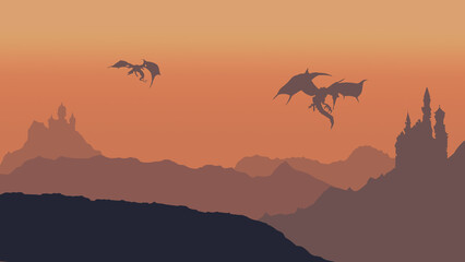 Fototapeta na wymiar Dragons Flying over Castles 4K Wallpaper