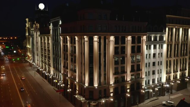 Business center builiding and road at night in Kiev. Astarta business center in Kyiv.