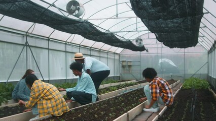 Group students and teacher learning agriculture  technology in smart farming , education ecology agricultural concepts .