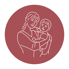 Cute asian mother with baby color line illustration