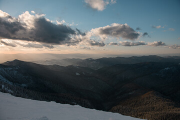 awesome beautiful view of sky with clouds and landscape of Carpathian mountains