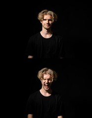 Set of two photo of handsome man in black t-shirt with different emotions and gestures isolated over black background. Sad, happy and angry.