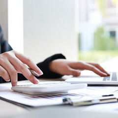 Accounting businessmen are calculating income-expenditure and analyzing real estate investment data, Dedicated to the progress and growth of the company, Financial and tax systems concept.