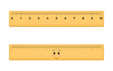 Cute wooden or plastic ruler measure instrument kawaii isolated. School measuring ruler in centimeters scale. Vector 3d illustration