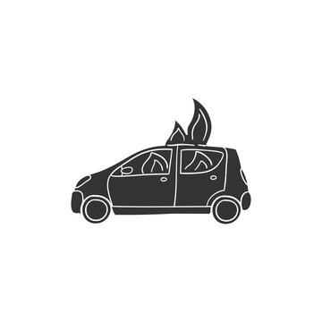 Burning Car Icon Silhouette Illustration. Accident Vector Graphic Pictogram Symbol Clip Art. Doodle Sketch Black Sign.