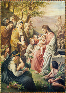 ENTREVES, ITALY - JUNY 12, 2022: The painting Jesus among the children in the church Santa Margherita by Börtrher (1922).