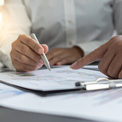 Brainstorm team, Marketers and financial accountants are discussing and analyzing charts to plan strategies to meet customer needs, Business success concept.
