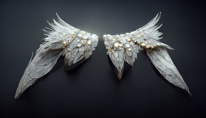 The angel's white wings are decorated in gold on a black background