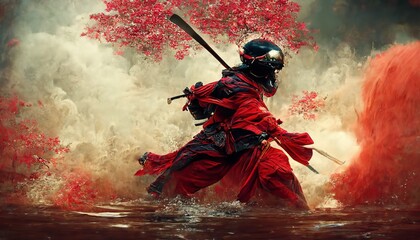 A ken-do warrior standing in a fighting position in the water among the sakura trees - obrazy, fototapety, plakaty