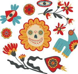 Mexican ornaments with animals, masks, skeletons for the day of the dead