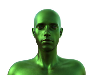 3D render. Portrait of a green bald man on a white background. 