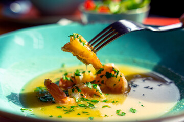 Thai food shrimp soup. Tom yam kung spicy thai soup with shrimp, seafood. Famous traditional Thai food.