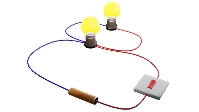 A parallel circuit in 3D illustration. A parallel circuit has two or more paths for current to flow through. Voltage is the same across each component of the parallel circuit. 