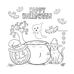 hand drawn illustration of Halloween with transperent backgound. Printable, good for kids activities in home or school.