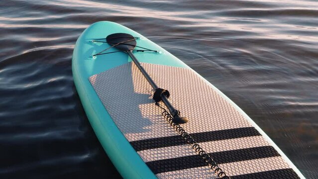 SUP board ready to sail on the water near the shore.