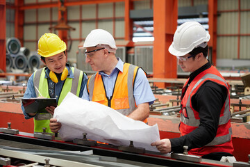 factory workers or engineer planning from work on blueprint drawing paper in the factory