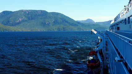 BC Inner Passage seascape with coastal mountain backdrop viewed from a ferry in summer.
