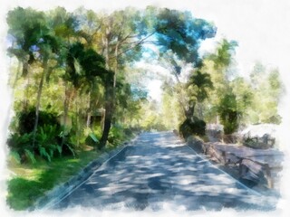 road in the park in the morning watercolor style illustration impressionist painting.