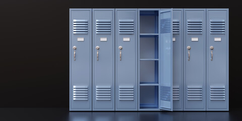 Gym locker, one open empty. School students storage closets on black floor
