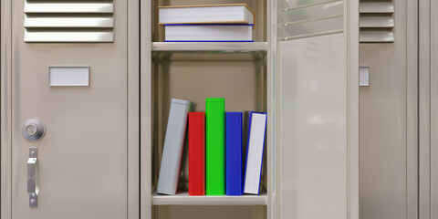 School gym locker. Books in an open student metal closet, close up