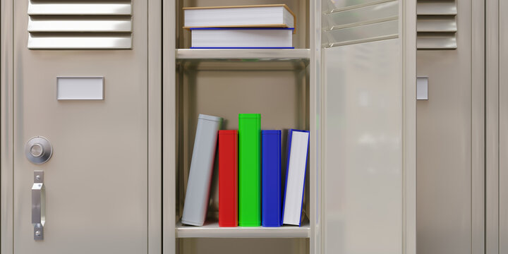 School Gym Locker. Books In An Open Student Metal Closet, Close Up