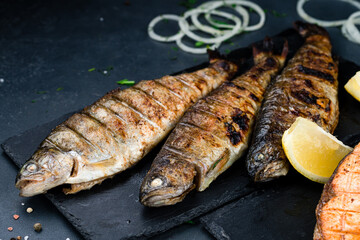 Baked trout fish, Grilled trout barbeque with lemon, Healthy eating concept