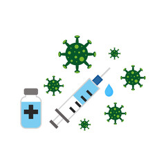 Fototapeta premium Virus pandemic injection virus cartoon illustration, vaccine medicine, syringe, treatment disease, vaccine icon line flat vector illustration