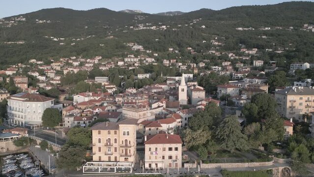 Aerial shot of St. George's Church and the town of Lovran at daybreak, Lovran, Eastern Istria