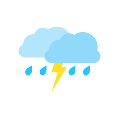 Rainy icons, sky filled with cartoon clouds and lightning.