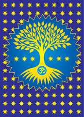 The yellow tree of life with aum, om, ohm sign against blue background with stars. Colors of Ukraine. Vector graphics.