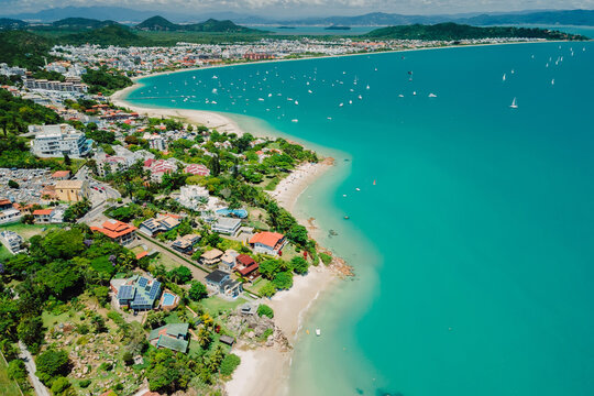 Tropical beach with Jurere town. Aerial view of Florianopolis