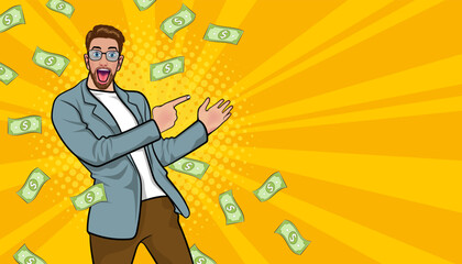 surprise business man successful and shocking with Falling Money Pop art retro comic style