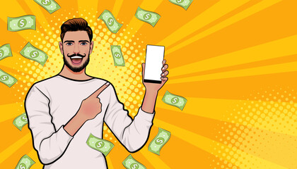 surprise business man successful and shocking with Falling Money Pop art retro comic style