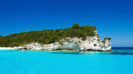 Paxos. Blue cave and bay in the Ionian Sea in Greece.