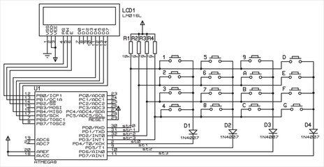 The vector  electrical schematic diagram of a digital
information output device,
operating under the control of an ATmega microcontroller.
Vector drawing of an electronic device in a1 format.