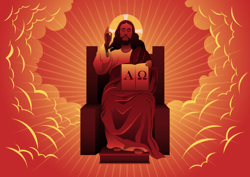 Jesus seated on throne with one hand hold open book