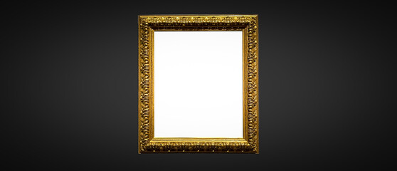 Antique art fair gallery frame on royal black wall at auction house or museum exhibition, blank...