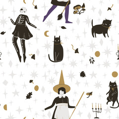 Naklejka premium Magic Halloween seamless pattern with carnival party characters