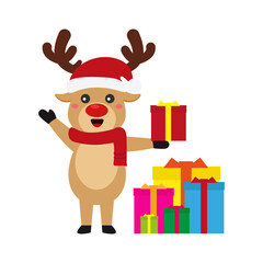 Naklejka premium Reindeer set Happy smile in Christmas celebration, standing holding gifts, standing waving, giving out gifts. Pins into the chimney.vector illustration and icon