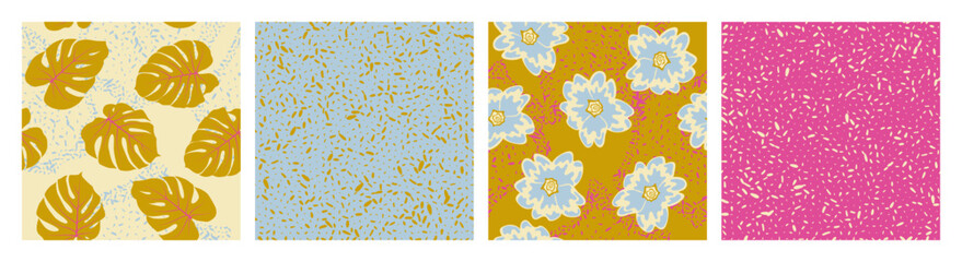 Grain texture and floral seamless pattern vector set. Botanical design of primula and monstera leaves.